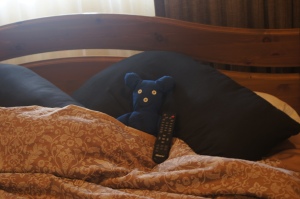 Blue Bear tucked up in Bed.